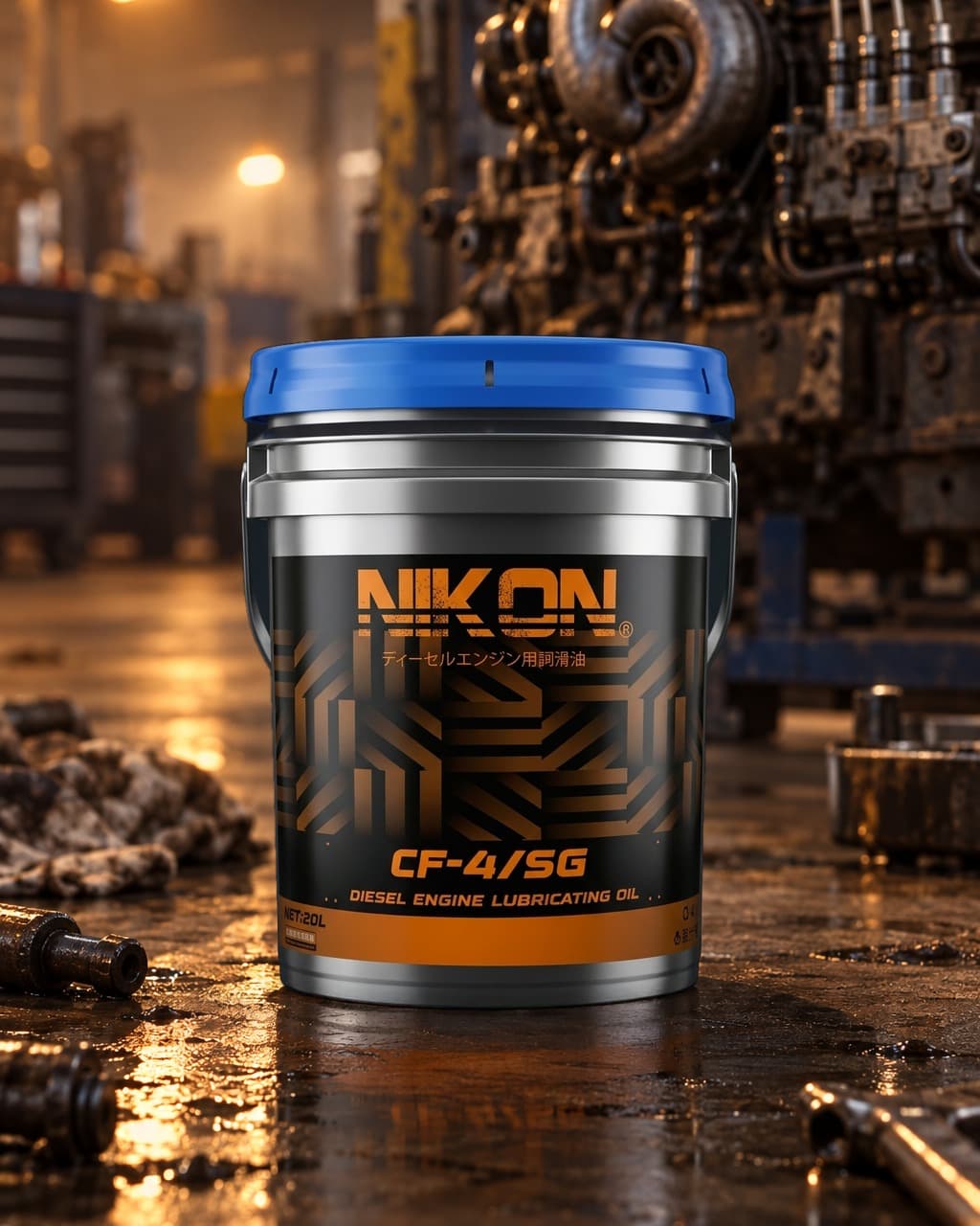 NIKON CF-4/SG diesel engine lubricating oil, 20L metal pail with a blue lid and orange label