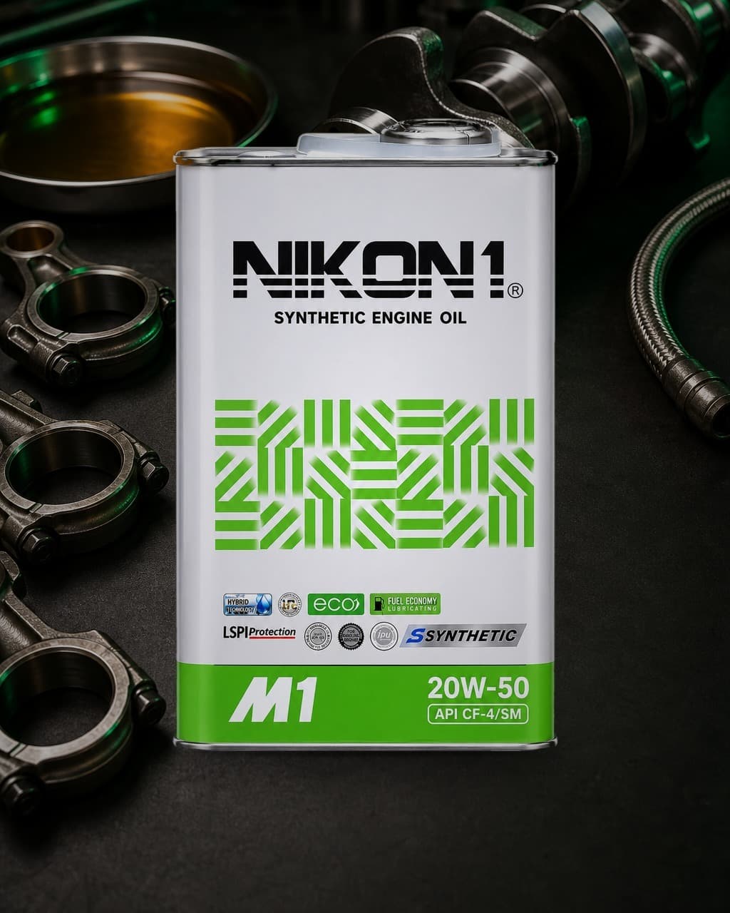 NIKON1 M1 20W-50 synthetic engine oil, 1L tin with a white and green label, API CF-4/SM