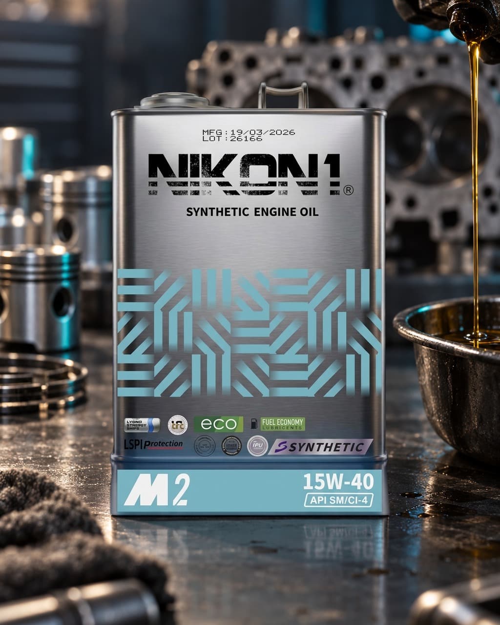 NIKON1 M2 15W-40 synthetic engine oil tin with a teal label band, API SM/CI-4