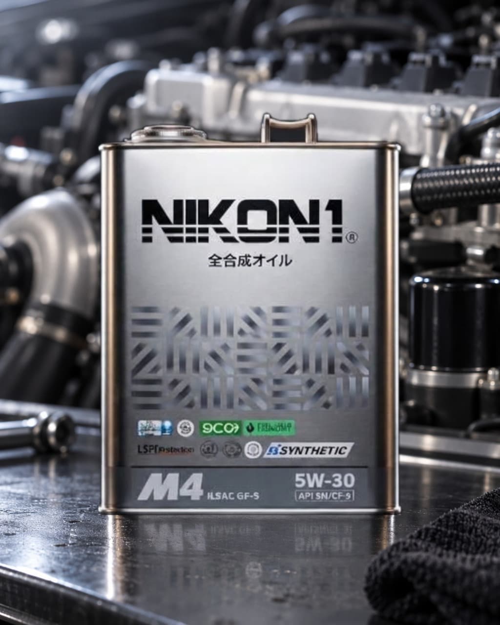 NIKON1 M4 5W-30 fully synthetic engine oil tin with a silver label, ILSAC GF-5