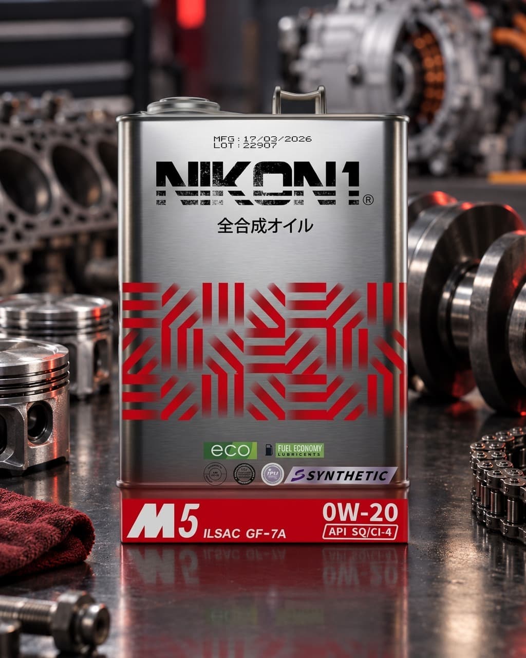 NIKON1 M5 0W-20 fully synthetic engine oil tin with a red label band, ILSAC GF-7A, API SQ/CI-4