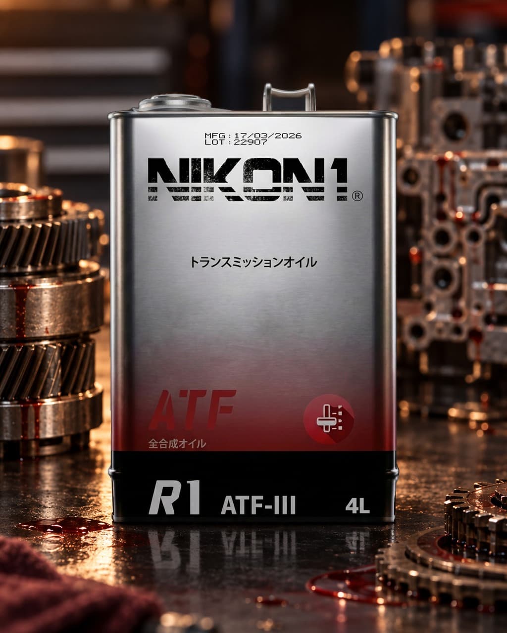 NIKON1 R1 ATF-III fully synthetic transmission oil, 4L tin with a red and black label